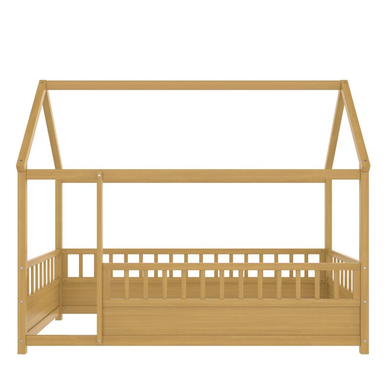 Natural Wooden Montessori Toddler Bed Floor House Bed Frame with Safety High Fence, Open Entran and Roof Design