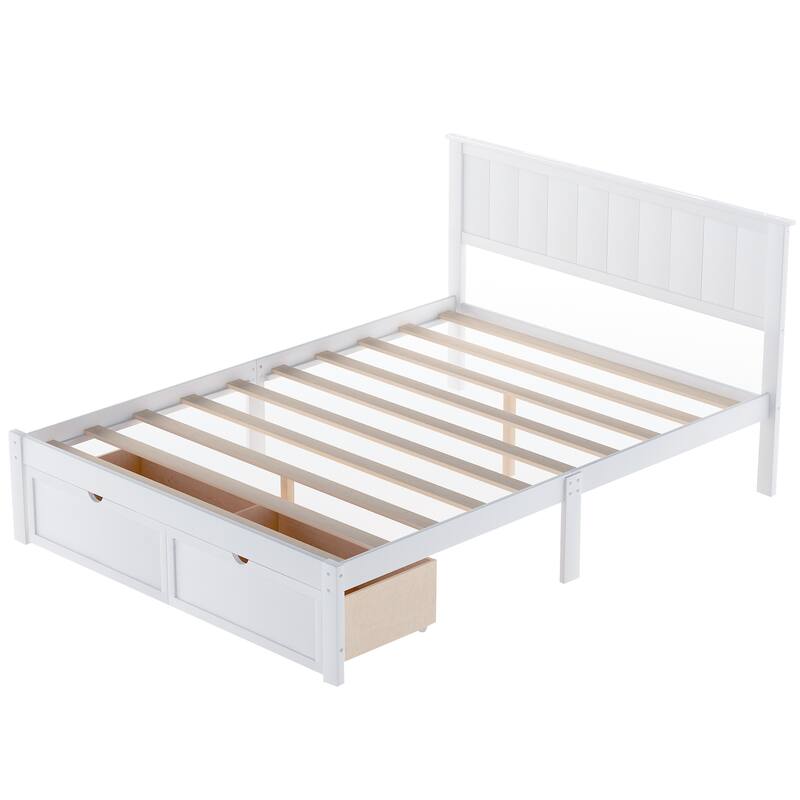 White Full Size Platform Bed with Under-bed Storage Drawers and Solid Pine Frame