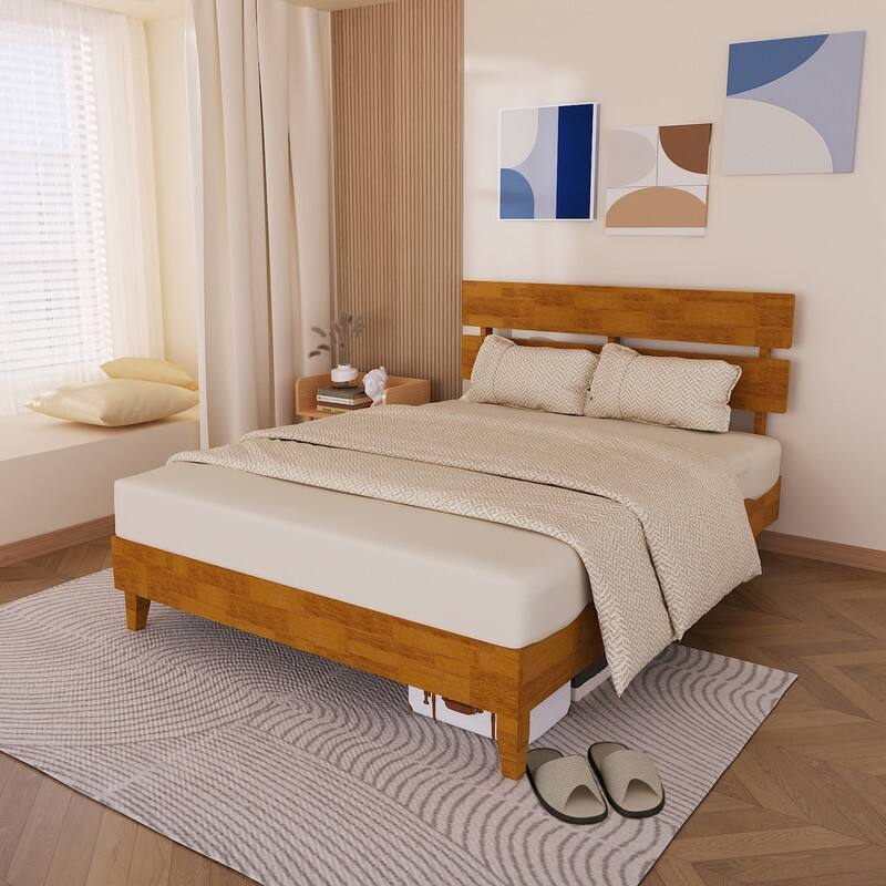 Modern Brown Solid Wood Platform Bed Frame with Headboard - Queen