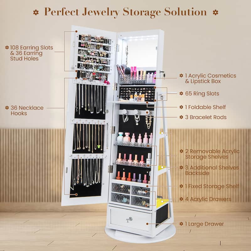 Gymax Swivel Jewelry Cabinet Full Length Mirror w/Built-in Lights