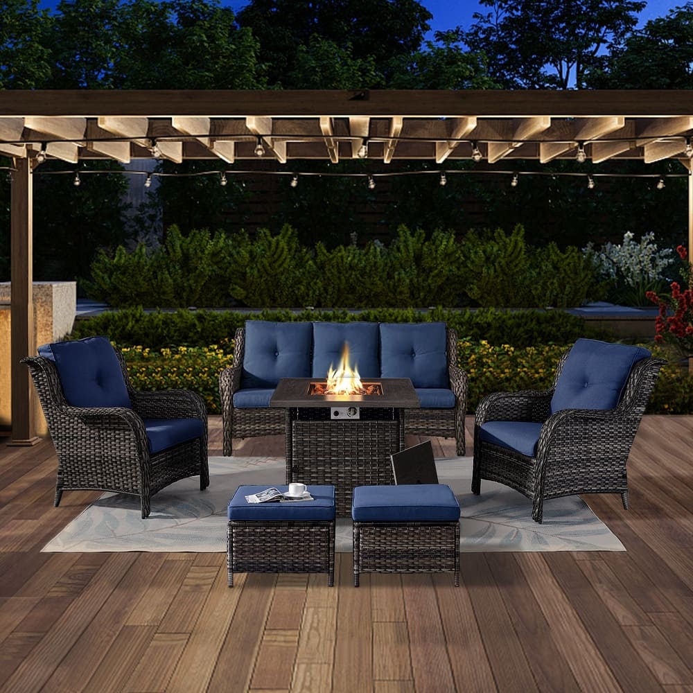 Gymojoy 6-Piece Outdoor Wicker Patio Furniture with Fire Pit Table, Rattan Coversation Set with Water Resistant Thick Cushions