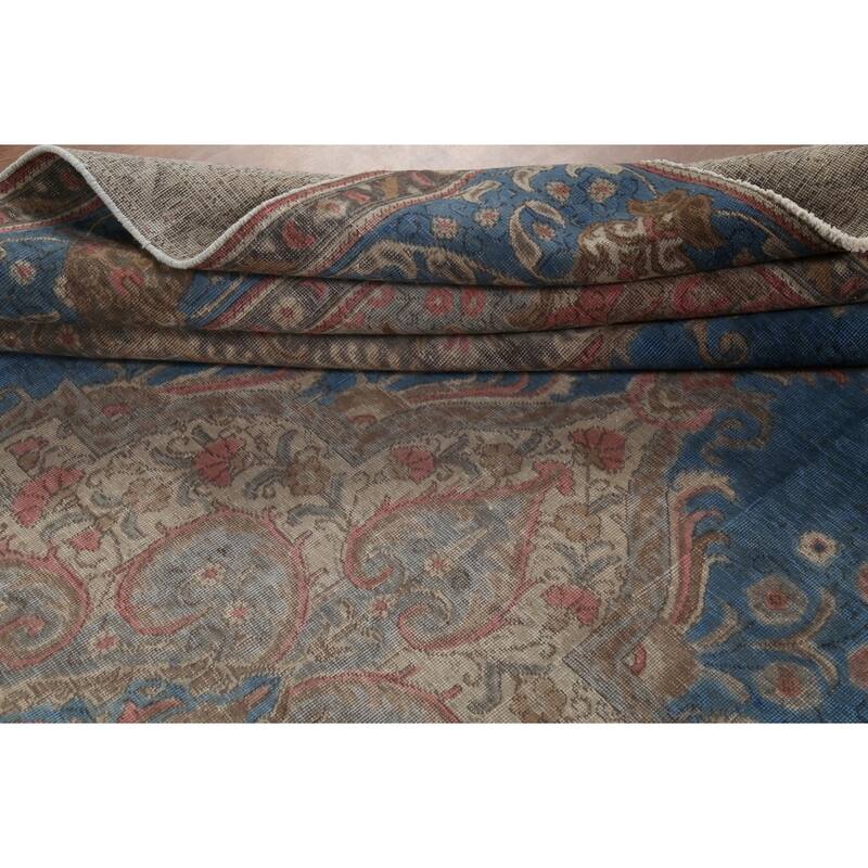 Distressed Tabriz Persian Vintage Rug Hand-Knotted Blue Wool Carpet - 10'0"x 13'4"
