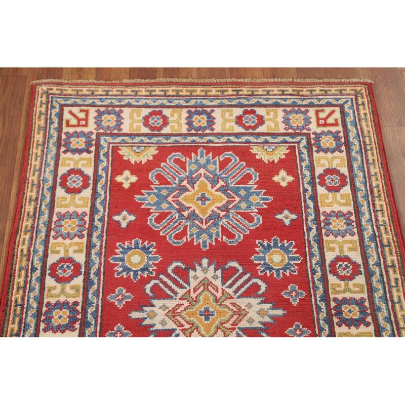 Geometric Kazak Accent Rug Hand-Knotted Traditional Wool Carpet - 2'8" x 3'11"
