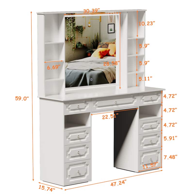 White/ Black Makeup Vanity with Lighted Mirror,Extra Large Vanity Desk with 9 Drawers,European Style Vanities