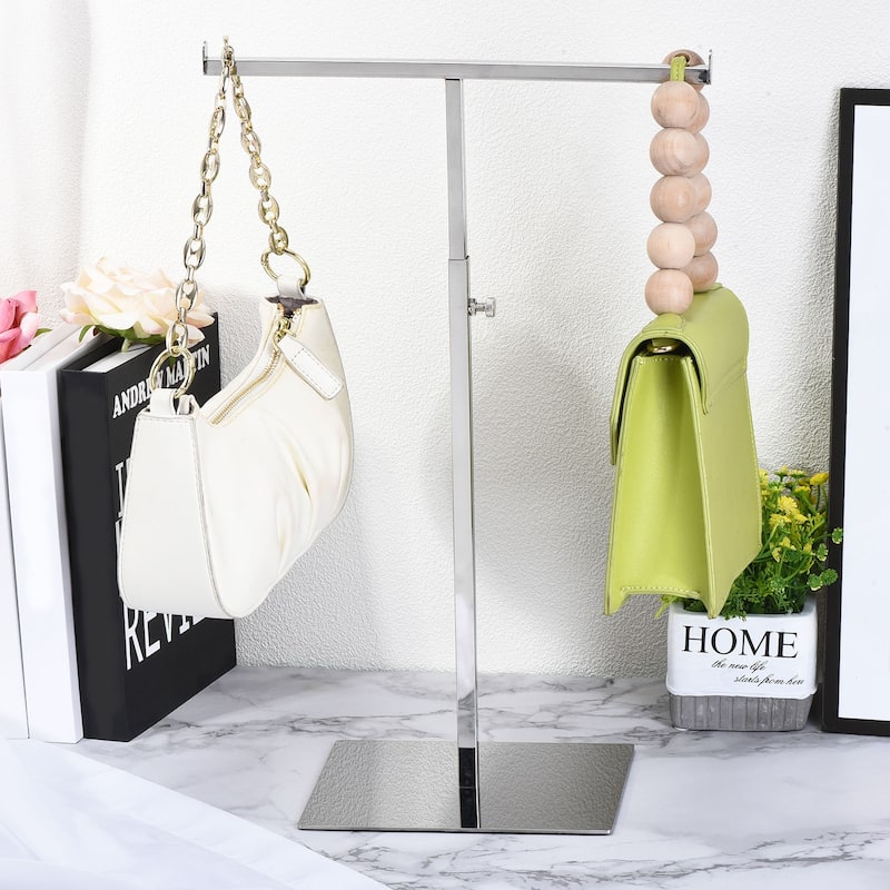 Purse Display Stand T Shaped Metal Adjustable Handbag Rack - Silver