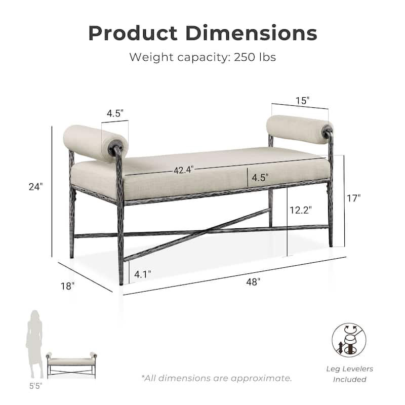 247 Shop At Home Lalia Modern 3-Piece Upholstered Hammered Metal Camelback Bedroom Set with Nightstand and Bench