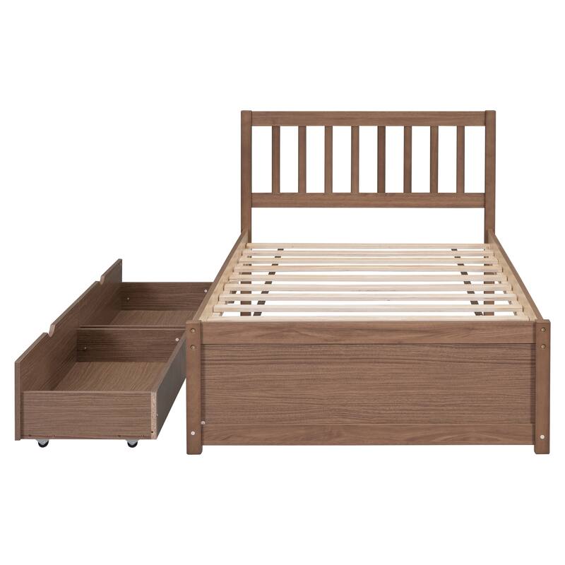 Space-Saving Twin Size Platform Bed with 2 Storage Drawers, Sturdy Rubber Wood Frame - Easy Assembly