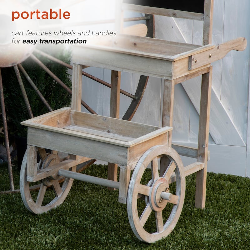Alpine Corporation 34" Tall Indoor/Outdoor Wooden 2-Tier Plant Display Stand with Chalkboard and Wheels