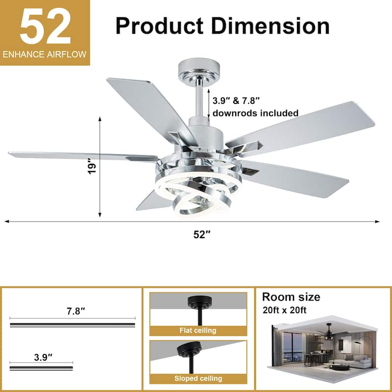Cusp Barn 52"/72" Modern Large Dimmable LED Ceiling Fan with Lights and Remote, Reversible 8-Blade DC Motor DIY Shape Chandelier
