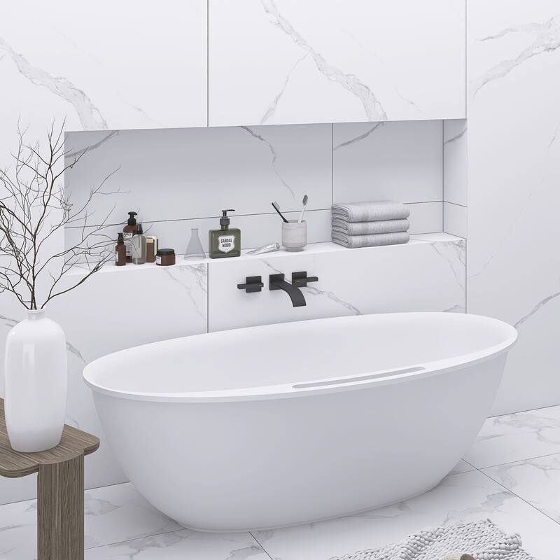 63/67 Inch Stone Resin Solid Surface Freestanding Soaking Bathtub with Center Drain in Matte White