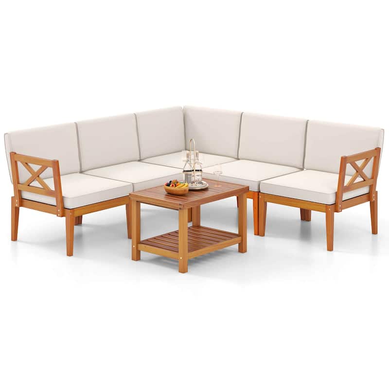 Costway 6 PCS Acacia Wood Patio Furniture Set with Cushions and 2-Tier - See Details