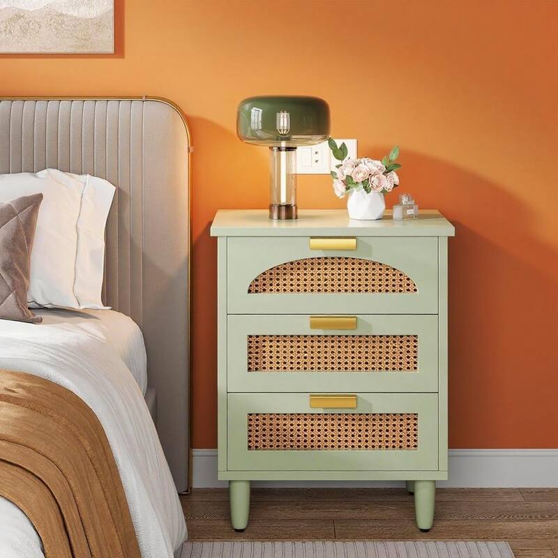 Mint Green Engineered Wood Nightstand with Rattan Accents and 3 Drawers