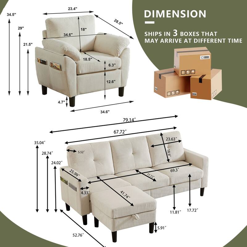 3 Pieces Corduroy Living Room Set with Sofa ,Storage Ottoman and Chair