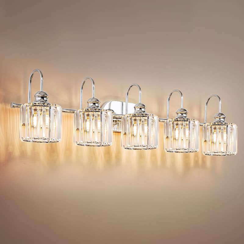 5-Light Glam Linear Dimmable Crystal Bathroom Vanity Lights with Cylinder Crystal Shade