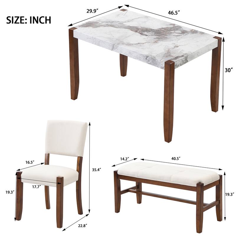 4-Piece Dining Table Set with Faux Marble 46" Table, 2 Upholstered Chairs and Bench for Dining Room or Kitchen