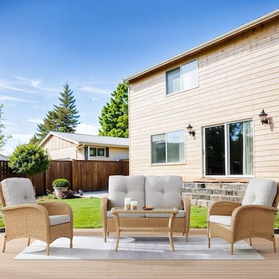 Patio Wicker Chair with Loveseat Table - Yellow Beige