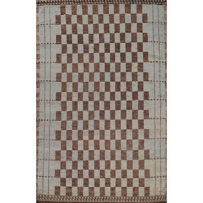 Checkered Moroccan Modern Area Rug Hand-Knotted Wool Carpet - 7'0"x 10'8"