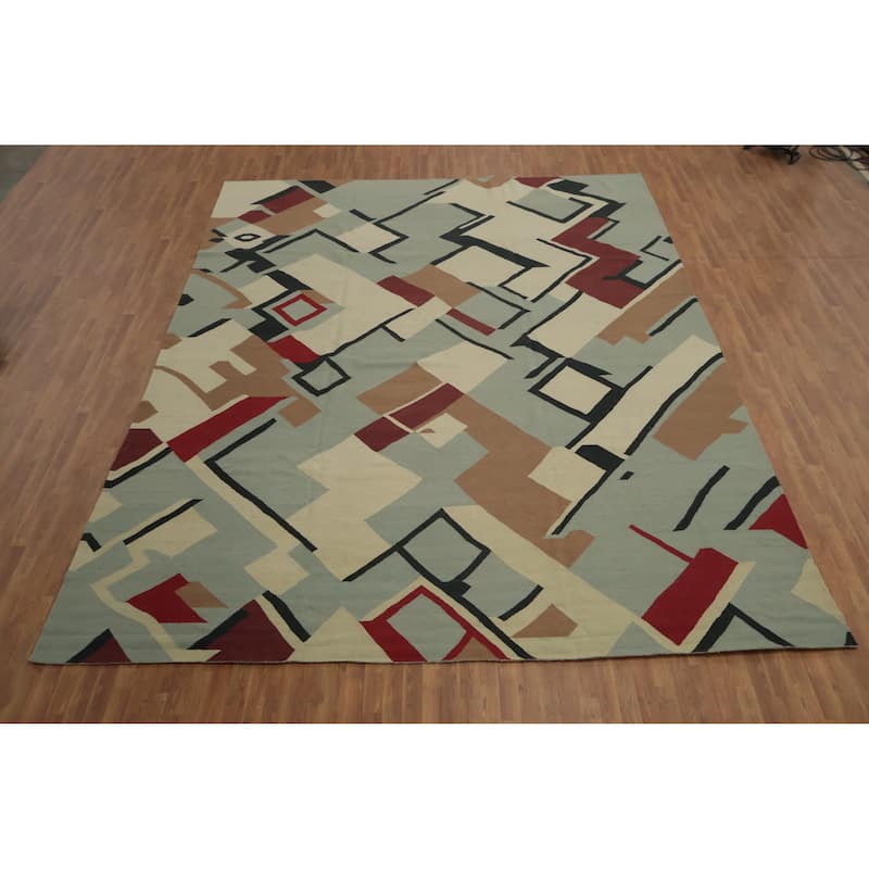 Hand Woven Oriental 100% Wool Carpet Southwestern Modern Greys & Charcoal Kilim Area Rug - 15' 3'' X 11' 11''