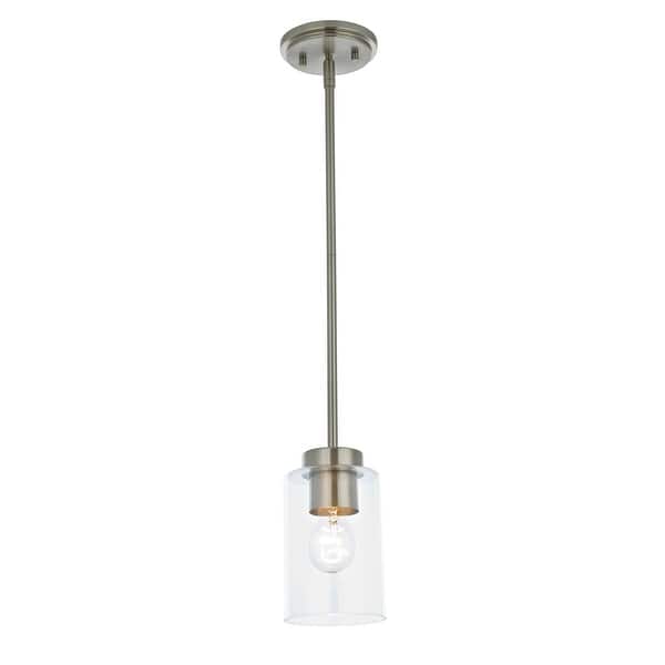 slide 2 of 3, Warehouse of Tiffany Cameron Brushed Nickel 1-Light Metal Pendant Light with Clear Glass Cylinder Shade