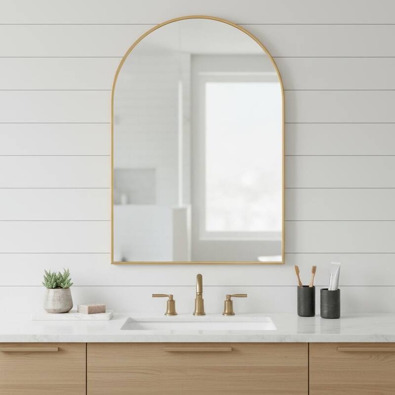 HomeRoots 36" Gold Metal Arch Framed Bathroom Vanity Mirror - 24.00 in. x 36.00 in. x 1.00 in. - 24.00 in. x 36.00 in.  x 1.00 in.