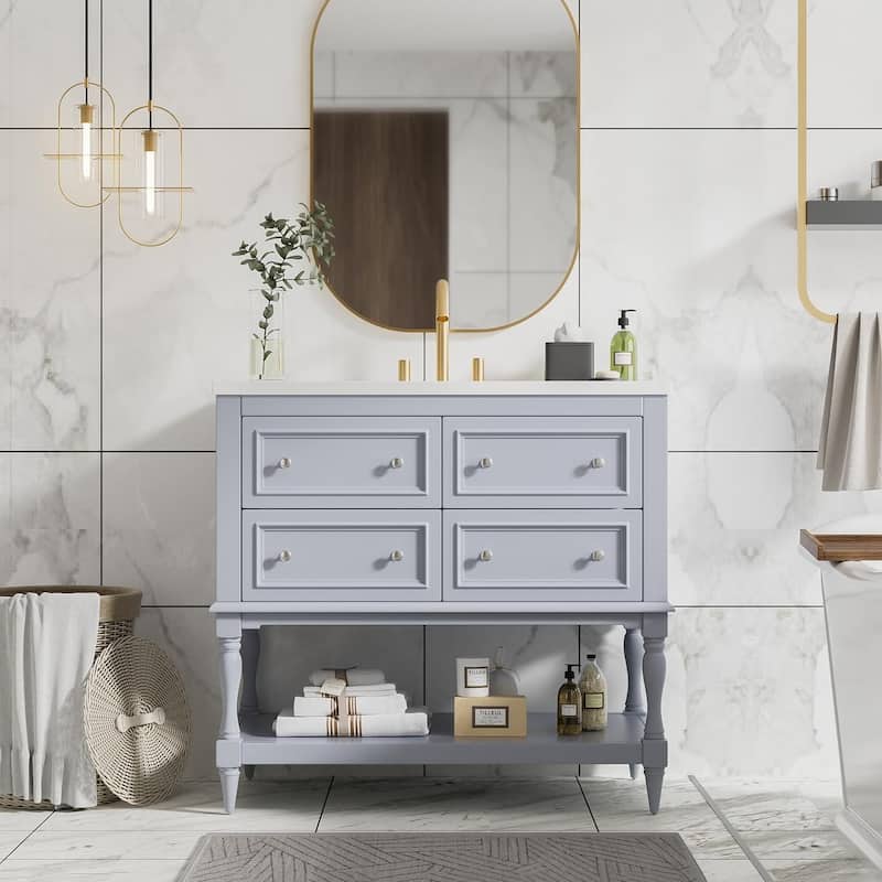 36 inch MDF Freestanding Bathroom Vanity with Integrated Ceramic Sink and Drawers - 36'' x 18'' x 34''