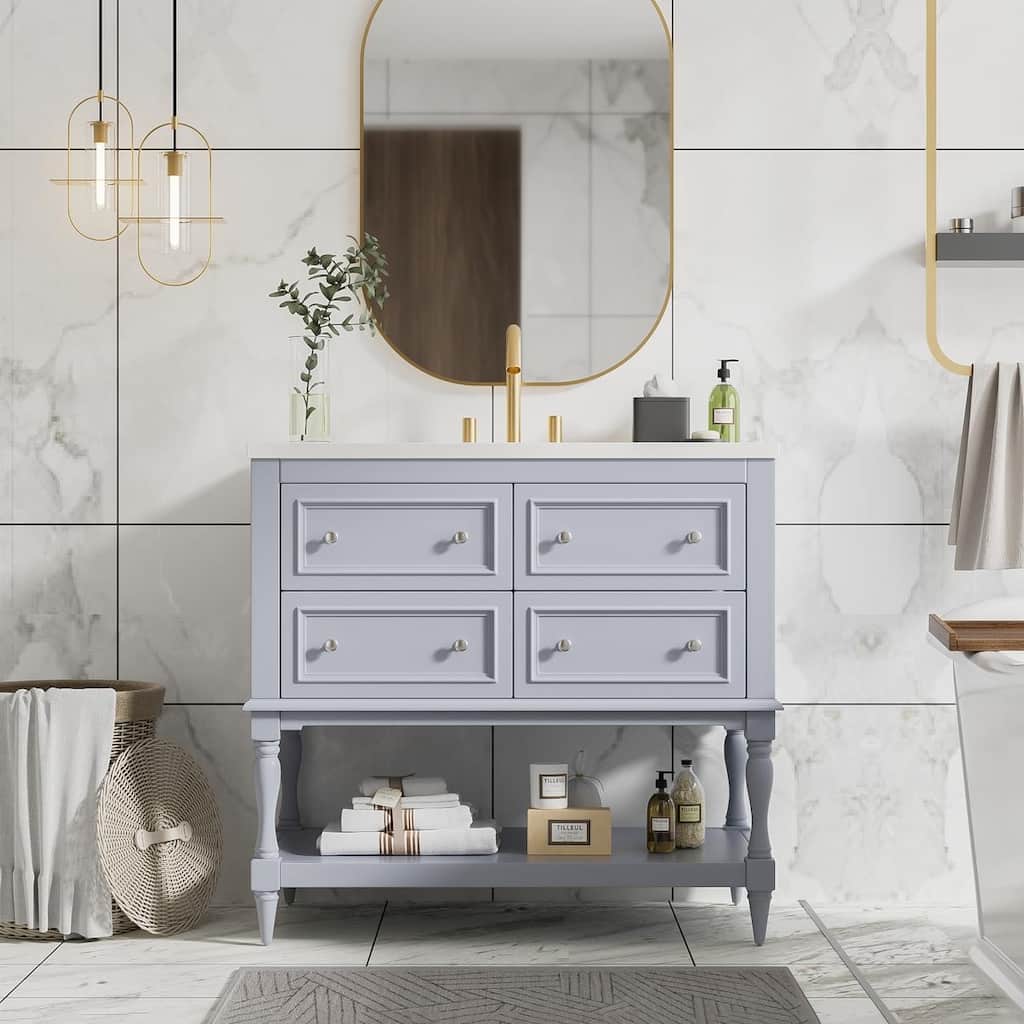 36 inch MDF Freestanding Bathroom Vanity with Integrated Ceramic Sink and Drawers - 36'' x 18'' x 34''