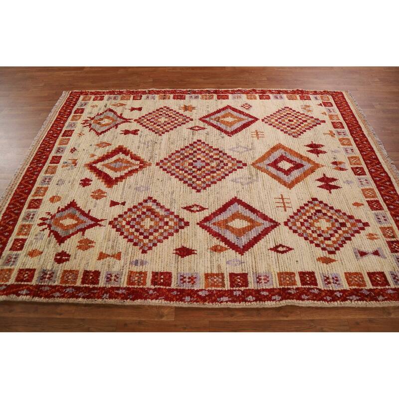 Hand Knotted Oriental 100% Wool Carpet Modern Tribal Beige & Ivories Moroccan Area Rug - 7' 10'' X 5' 9''