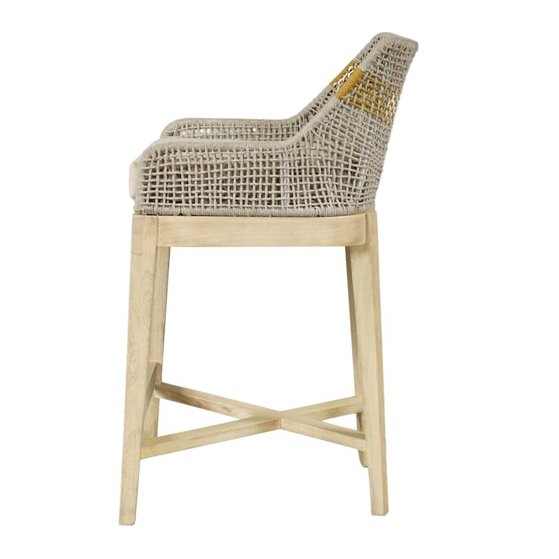 Avira 30 Inch Barstool Chair | Handcrafted Mango Wood | Cotton Rope Weaving | Beige Cushion