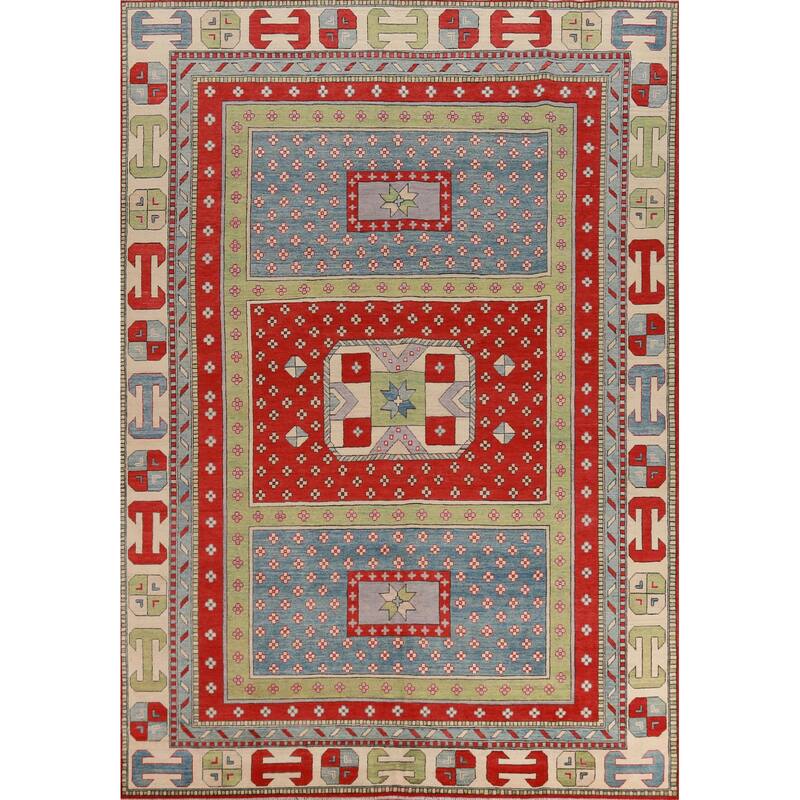 Hand Knotted Oriental 100% Wool Carpet Traditional Geometric Multi-Colored Kazak Area Rug - 11' 7'' X 8' 6''