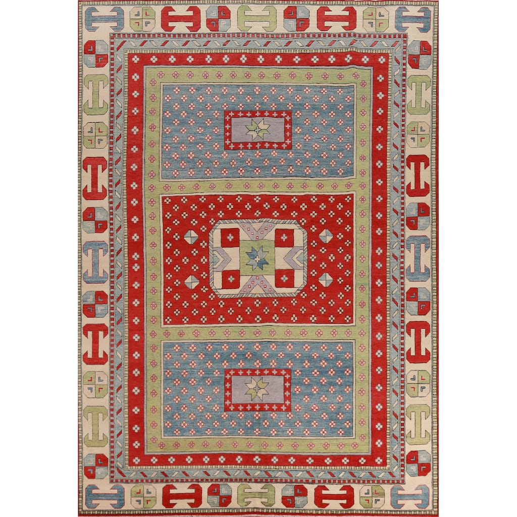 Hand Knotted Oriental 100% Wool Carpet Traditional Geometric Multi-Colored Kazak Area Rug - 11' 7'' X 8' 6''