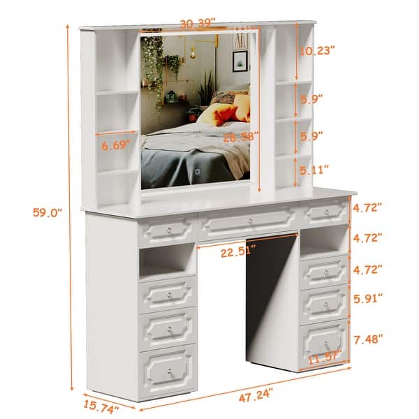 dimension image slide 1 of 4, White/ Black Makeup Vanity with Lighted Mirror,Extra Large Vanity Desk with 9 Drawers,European Style Vanities