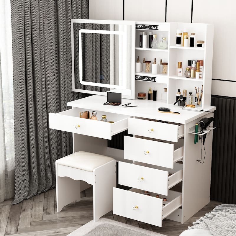 Vanity Desk Makeup Table Sliding Lighted Mirror Dresser Bracket Outlet - White
