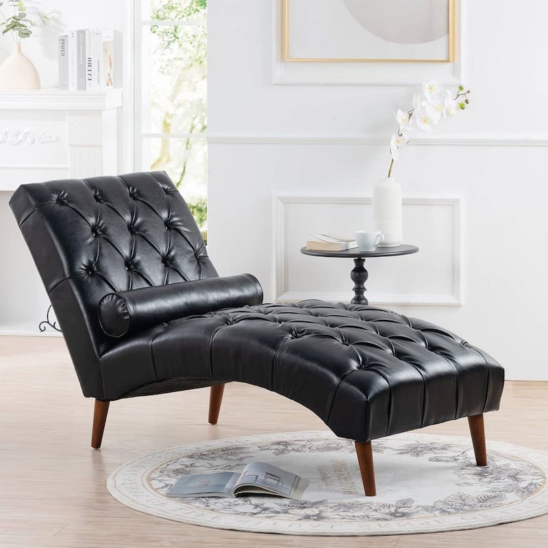 PU Leather Chaise Lounge Chair with Tufted Back - 60.24" L x 25.39"W x 32.28"H - Black