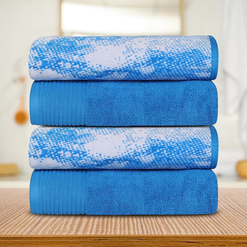 Superior Marble Solid Cotton Jacquard Border Bath Towels (Set of 4) - Blue