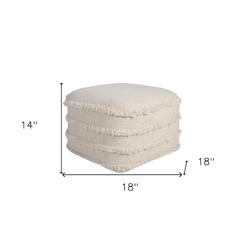 HomeRoots 18" Cream Cotton Tufted Cube Striped Pouf Ottoman