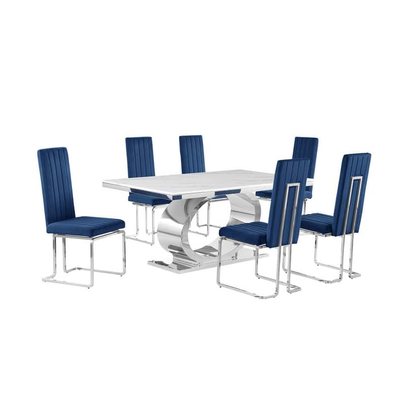 Best Quality Furniture D430/1-SC340-7 Dining Set with 68" White Marble Top