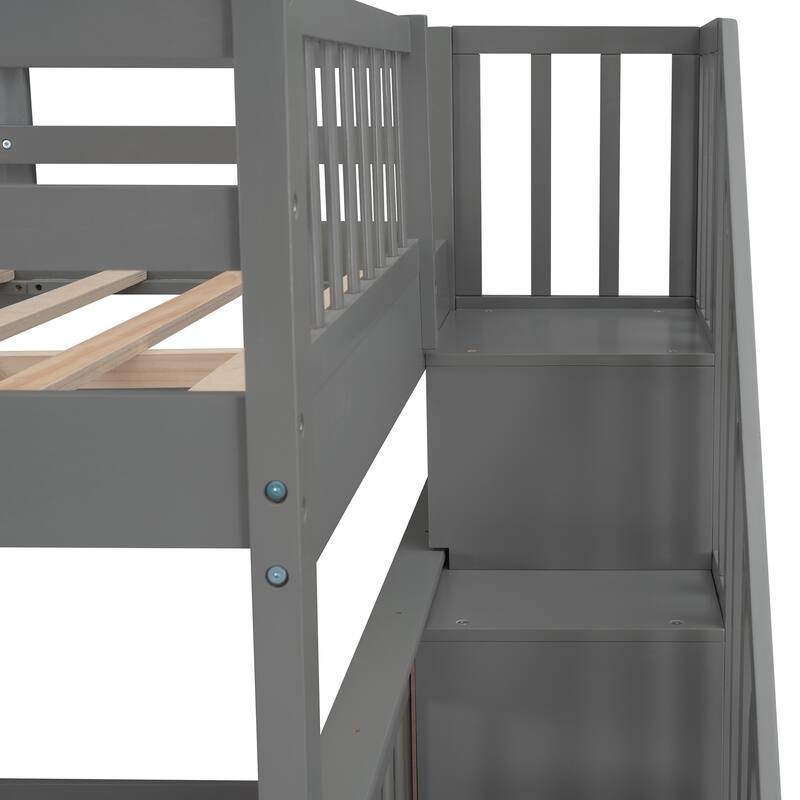 Full-Over-Full Bunk Bed with Storage Stairs and Guard Rail, Gray
