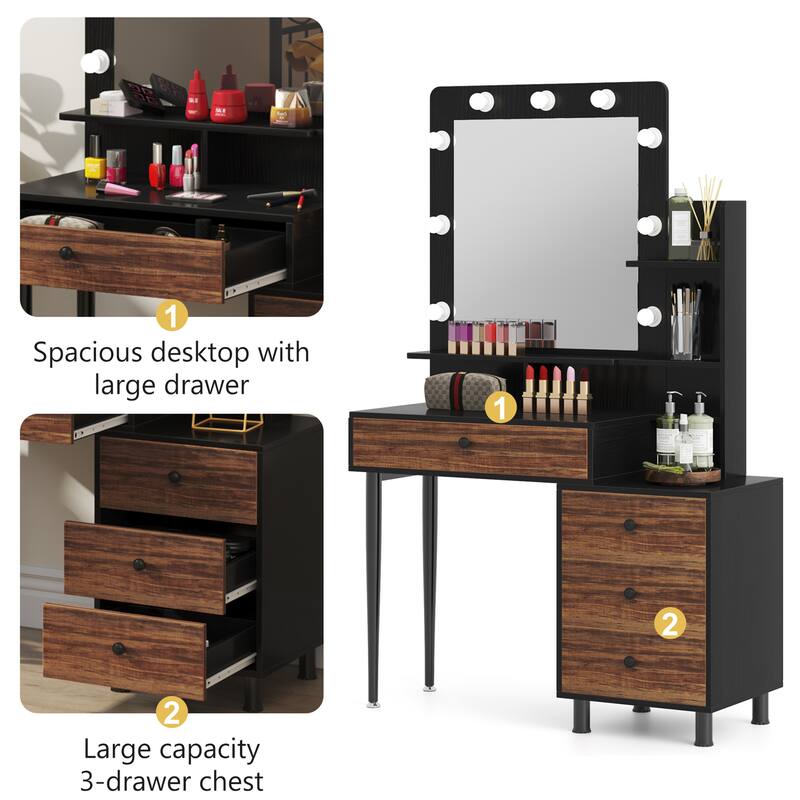 Vintage Vanity Table with Lighted Mirror and 3-Drawer Chest