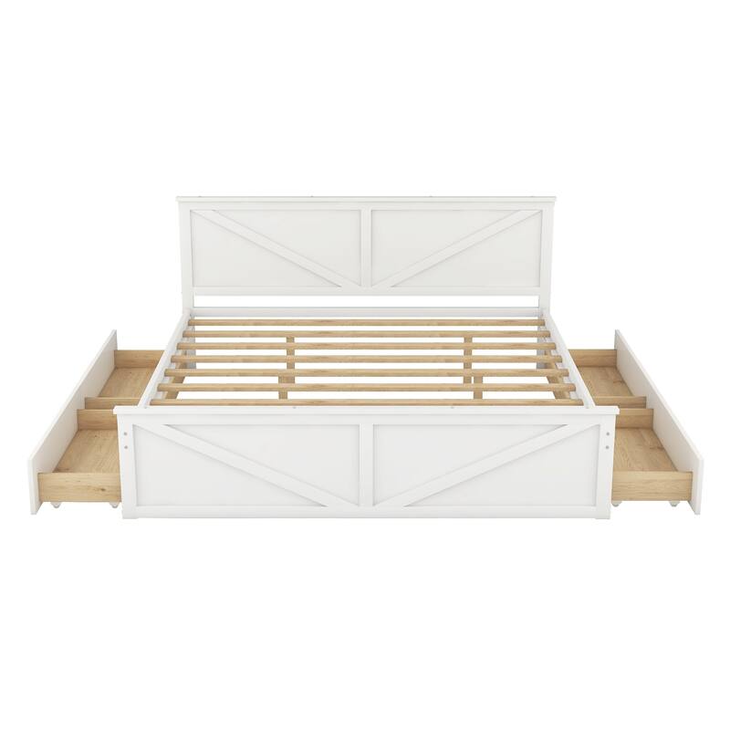 King Size Platform Bed with Four Storage Drawers and Support Legs