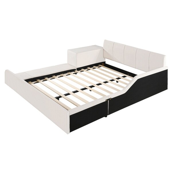 Full Size Velvet Upholstered Platform Bed w/ Bedside Desk & Stool