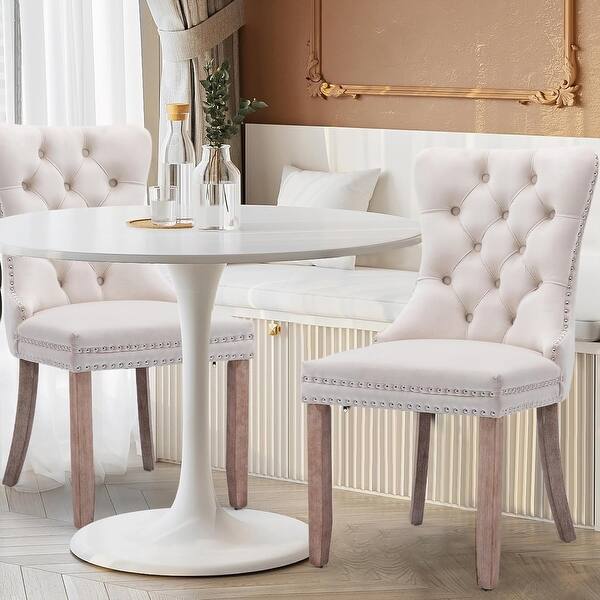 Set of 2 Upholstered Tufted Dining Chairs with Nailhead Trim and Wood ...