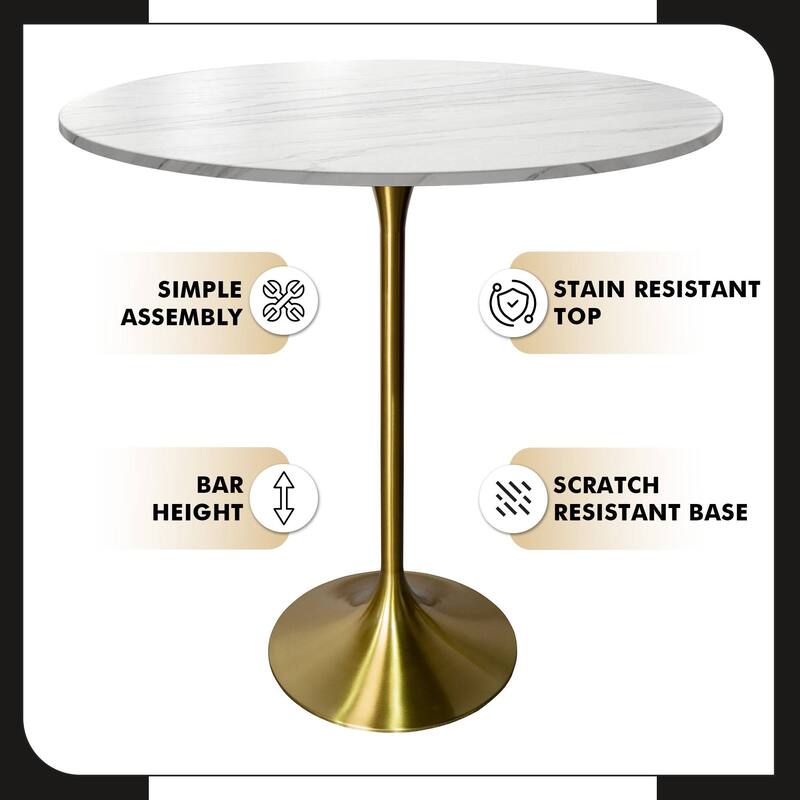 LeisureMod Verve 36" Bar Dining Table with Sintered Stone Round Top in Gold Steel, Gold Marbleized