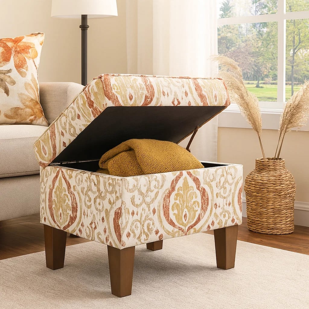 Ishi Accent Storage Ottoman, 22 Inch Orange and Beige Paisley Design