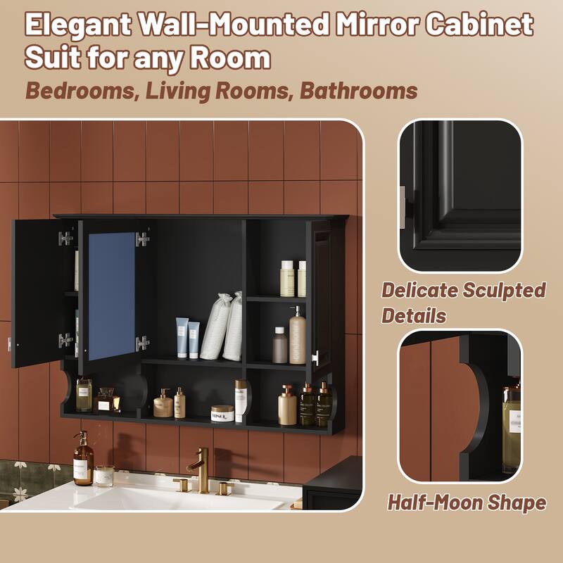 Rossetta 41'' High-Definition Mirror Bathroom Cabinet with Half-Moon Shape Open Shelves and Soft-Closing Hinges