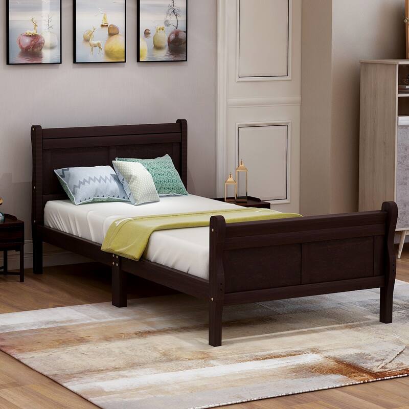 Classic Wood Platform Bed with Headboard and Footboard, Twin Bed Frame