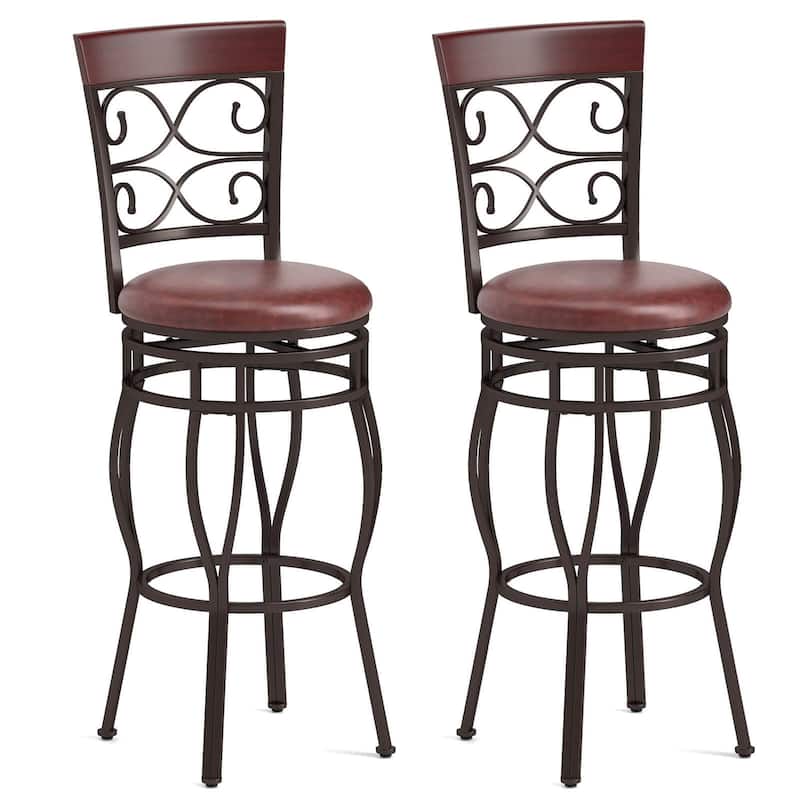 Set of 2 Vintage Bar Stools Swivel Padded Seat 30'' Bistro Dining - 18''W x18''Dx45.5''H - Set of 2 - Brown
