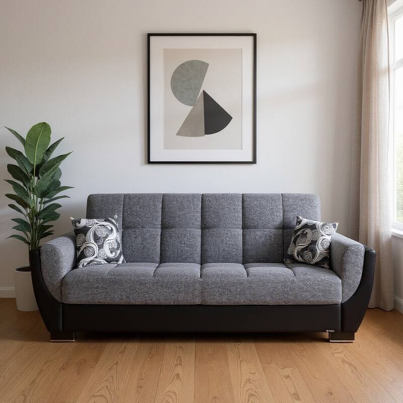HomeRoots 93" Black And Gray Chenille And Faux Leather Convertible Futon Sleeper Sofa With Toss Pillows And Storage - Black/Gray