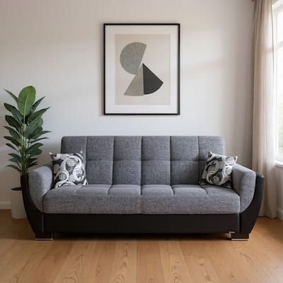 HomeRoots 93" Black And Gray Chenille And Faux Leather Convertible Futon Sleeper Sofa With Toss Pillows And Storage