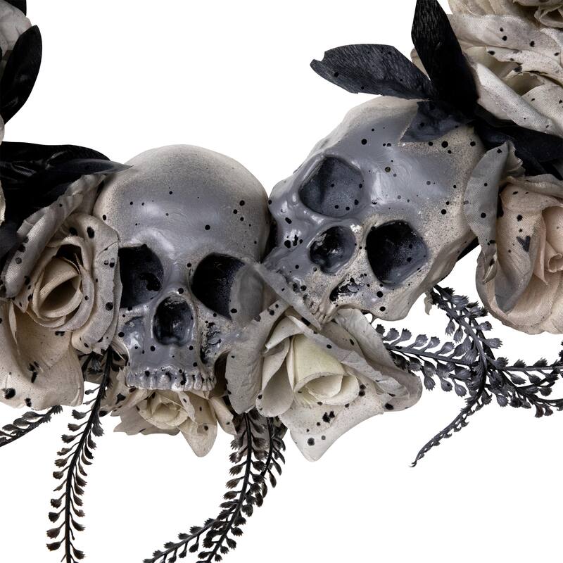 Double Skull and Gray Roses Halloween Wreath- 16" - Unlit