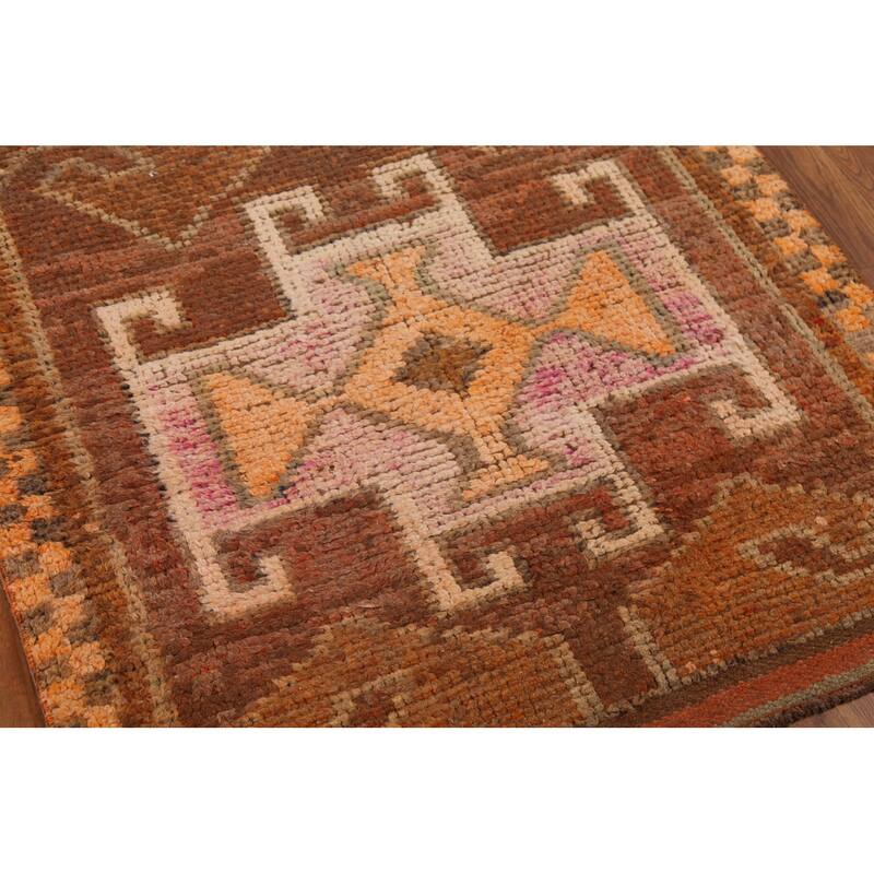 Brown Oushak Turkish Vintage Runner Rug Hand-Knotted Wool Carpet - 3'5"x 10'9"
